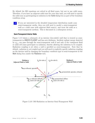 5.3 Modeling Radiation
By default the DO equations are solved in all ﬂuid zones, but not in any solid zones.
Therefore, if you have an adjacent solid zone for your thin wall, you will need to specify
the solid zone as participating in radiation in the Solid dialog box as part of the boundary
condition setup.
i If you are interested in the detailed temperature distribution inside your
semi-transparent media, then you will need to model a semi-transparent
wall as a solid zone with adjacent ﬂuid zone(s), and treat the solid as a
semi-transparent medium. This is discussed in a subsequent section.
Semi-Transparent Interior Walls
Figure 5.3.9 shows a schematic of an interior (two-sided) wall that is treated as semi-
transparent in ANSYS FLUENT and has zero thickness. Incident radiant energy depicted
by qin,a can pass through the semi-transparent wall if and only if the contiguous ﬂuid
or solid cell zones participate in radiation, thereby allowing the radiation to be coupled.
Radiation coupling is set when a wall is speciﬁed as semi-transparent. Note that by
default, radiation is not coupled and you will need to explicitly specify radiation coupling
on the interior wall by changing the boundary condition type to semi-transparent in the
Wall dialog box (under the Radiation tab).
n
qin, a
qin, a
na nb
qin, a reflected, specular
qin, a
qin, a
d d
Adjacent Fluid or Solid
Medium b
Adjacent Fluid or Solid
Medium a (for side a) (for side b)f f
f
ddf( used is for side a)
reflected, diffuse
transmitted, specular, refracted
transmitted, diffuse
( used is for side a)
Figure 5.3.9: DO Radiation on Interior Semi-Transparent Wall
Release 12.0 c ANSYS, Inc. January 29, 2009 5-33
 