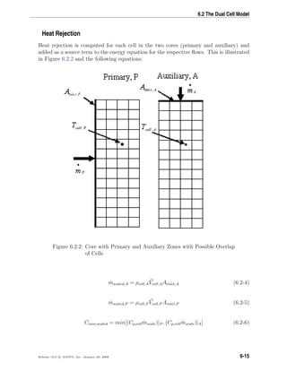 6.2 The Dual Cell Model
Heat Rejection
Heat rejection is computed for each cell in the two cores (primary and auxiliary) and
added as a source term to the energy equation for the respective ﬂows. This is illustrated
in Figure 6.2.2 and the following equations:
Figure 6.2.2: Core with Primary and Auxiliary Zones with Possible Overlap
of Cells
˙mscaled,A = ρcell,AVcell,AAinlet,A (6.2-4)
˙mscaled,P = ρcell,P Vcell,P Ainlet,P (6.2-5)
Cmin,scaled = min[(Cp,cell ˙mscale)|P , (Cp,cell ˙mscale)|A] (6.2-6)
Release 12.0 c ANSYS, Inc. January 29, 2009 6-15
 