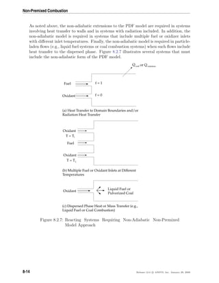 Non-Premixed Combustion
As noted above, the non-adiabatic extensions to the PDF model are required in systems
involving heat transfer to walls and in systems with radiation included. In addition, the
non-adiabatic model is required in systems that include multiple fuel or oxidizer inlets
with diﬀerent inlet temperatures. Finally, the non-adiabatic model is required in particle-
laden ﬂows (e.g., liquid fuel systems or coal combustion systems) when such ﬂows include
heat transfer to the dispersed phase. Figure 8.2.7 illustrates several systems that must
include the non-adiabatic form of the PDF model.
f = 1
f = 0
Fuel
Oxidant
Q or Qwall radiation
(c) Dispersed Phase Heat or Mass Transfer (e.g.,
Liquid Fuel or Coal Combustion)
(b) Multiple Fuel or Oxidant Inlets at Different
Temperatures
(a) Heat Transfer to Domain Boundaries and/or
Radiation Heat Transfer
Oxidant
Oxidant
Fuel
T = T
T = T1
2
Oxidant
Liquid Fuel or
Pulverized Coal
Figure 8.2.7: Reacting Systems Requiring Non-Adiabatic Non-Premixed
Model Approach
8-14 Release 12.0 c ANSYS, Inc. January 29, 2009
 
