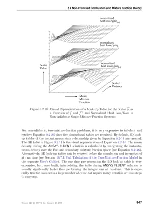 8.2 Non-Premixed Combustion and Mixture Fraction Theory
Scalar
Value
Mean
Mixture
Fraction
Scaled
Variance
n+1
n-1
heat loss/gain
heat loss/gain
heat loss/gain
n
normalized
normalized
normalized
Figure 8.2.10: Visual Representation of a Look-Up Table for the Scalar φi as
a Function of f and f 2 and Normalized Heat Loss/Gain in
Non-Adiabatic Single-Mixture-Fraction Systems
For non-adiabatic, two-mixture-fraction problems, it is very expensive to tabulate and
retrieve Equation 8.2-26 since ﬁve-dimensional tables are required. By default, 3D look-
up tables of the instantaneous state relationship given by Equation 8.2-14 are created.
The 3D table in Figure 8.2.11 is the visual representation of Equation 8.2-14. The mean
density during the ANSYS FLUENT solution is calculated by integrating the instanta-
neous density over the fuel and secondary mixture fraction space (see Equation 8.2-26).
Alternatively, 5D look-up tables can be created before the simulation and interpolated
at run time (see Section 16.7.1: Full Tabulation of the Two-Mixture-Fraction Model in
the separate User’s Guide). The one-time pre-generation the 5D look-up table is very
expensive, but, once built, interpolating the table during ANSYS FLUENT solution is
usually signiﬁcantly faster than performing the integrations at run-time. This is espe-
cially true for cases with a large number of cells that require many iteration or time-steps
to converge.
Release 12.0 c ANSYS, Inc. January 29, 2009 8-17
 