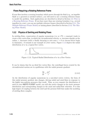 Basic Fluid Flow
Flows Requiring a Rotating Reference Frame
If your ﬂow involves a rotating boundary which moves through the ﬂuid (e.g., an impeller
blade or a grooved or notched surface), you will need to use a rotating reference frame
to model the problem. Such applications are described in detail in Section 2.2: Flow in
a Rotating Reference Frame. If you have more than one rotating boundary (e.g., several
impellers in a row), you can use multiple reference frames (described in Section 2.3.1: The
Multiple Reference Frame Model) or mixing planes (described in Section 2.3.2: The Mix-
ing Plane Model).
1.5.2 Physics of Swirling and Rotating Flows
In swirling ﬂows, conservation of angular momentum (rw or r2
Ω = constant) tends to
create a free vortex ﬂow, in which the circumferential velocity, w, increases sharply as the
radius, r, decreases (with w ﬁnally decaying to zero near r = 0 as viscous forces begin
to dominate). A tornado is one example of a free vortex. Figure 1.5.3 depicts the radial
distribution of w in a typical free vortex.
axis
r
Figure 1.5.3: Typical Radial Distribution of w in a Free Vortex
It can be shown that for an ideal free vortex ﬂow, the centrifugal forces created by the
circumferential motion are in equilibrium with the radial pressure gradient:
∂p
∂r
=
ρw2
r
(1.5-2)
As the distribution of angular momentum in a non-ideal vortex evolves, the form of
this radial pressure gradient also changes, driving radial and axial ﬂows in response to
the highly non-uniform pressures that result. Thus, as you compute the distribution of
swirl in your ANSYS FLUENT model, you will also notice changes in the static pressure
distribution and corresponding changes in the axial and radial ﬂow velocities. It is this
high degree of coupling between the swirl and the pressure ﬁeld that makes the modeling
of swirling ﬂows complex.
1-14 Release 12.0 c ANSYS, Inc. January 29, 2009
 