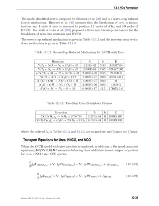 13.1 NOx Formation
The model described here is proposed by Brouwer et al. [40] and is a seven-step reduced
kinetic mechanism. Brouwer et al. [40] assumes that the breakdown of urea is instan-
taneous and 1 mole of urea is assumed to produce 1.1 moles of NH3 and 0.9 moles of
HNCO. The work of Rota et al. [297] proposed a ﬁnite rate two-step mechanism for the
breakdown of urea into ammonia and HNCO.
The seven-step reduced mechanism is given in Table 13.1.2 and the two-step urea break-
down mechanism is given in Table 13.1.3.
Table 13.1.2: Seven-Step Reduced Mechanism for SNCR with Urea
Reaction A b E
NH3 + NO → N2 + H2O + H 4.24E+02 5.30 349937.06
NH3 + O2 → NO + H2O + H 3.500E-01 7.65 524487.005
HNCO + M → H + NCO + M 2.400E+08 0.85 284637.8
NCO + NO → N2O + CO 1.000E+07 0.00 -1632.4815
NCO + OH → NO + CO + H 1.000E+07 0.00 0
N2O + OH → N2 + O2 + H 2.000E+06 0.00 41858.5
N2O + M → N2 + O + M 6.900E+17 -2.5 271075.646
Table 13.1.3: Two-Step Urea Breakdown Process
Reaction A b E
CO(NH2)2 → NH3 + HNCO 1.27E+04 0 65048.109
CO(NH2)2 + H2O → 2NH3 + CO2 6.13E+04 0 87819.133
where the units of A, in Tables 13.1.2 and 13.1.3, are m-gmol-sec and E units are J/gmol.
Transport Equations for Urea, HNCO, and NCO
When the SNCR model with urea injection is employed, in addition to the usual transport
equations, ANSYS FLUENT solves the following three additional mass transport equations
for urea, HNCO and NCO species.
∂
∂t
(ρYCO(NH2)2
) + · (ρvYCO(NH2)2
) = · (ρDYCO(NH2)2
) + SCO(NH2)2
(13.1-91)
∂
∂t
(ρYHNCO) + · (ρvYHNCO) = · (ρDYHNCO) + SHNCO (13.1-92)
Release 12.0 c ANSYS, Inc. January 29, 2009 13-33
 