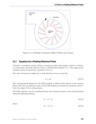 2.2 Flow in a Rotating Reference Frame
interface
stationary
zone
zone
rotating
Figure 2.1.2: Multiple Component (Blower Wheel and Casing)
2.2.1 Equations for a Rotating Reference Frame
Consider a coordinate system which is rotating steadily with angular velocity ω relative
to a stationary (inertial) reference frame, as illustrated in Figure 2.2.1. The origin of the
rotating system is located by a position vector r0.
The axis of rotation is deﬁned by a unit direction vector ˆa such that
ω = ωˆa (2.2-1)
The computational domain for the CFD problem is deﬁned with respect to the rotating
frame such that an arbitrary point in the CFD domain is located by a position vector r
from the origin of the rotating frame.
The ﬂuid velocities can be transformed from the stationary frame to the rotating frame
using the following relation:
vr = v − ur (2.2-2)
where
ur = ω × r (2.2-3)
Release 12.0 c ANSYS, Inc. January 29, 2009 2-3
 