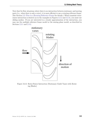 3.2 Sliding Mesh Theory
Note that for ﬂow situations where there is no interaction between stationary and moving
parts (i.e., when there is only a rotor), it is more eﬃcient to use a rotating reference frame.
(See Section 2.2: Flow in a Rotating Reference Frame for details.) When transient rotor-
stator interaction is desired (as in the examples in Figures 3.2.2 and 3.2.3), you must use
sliding meshes. If you are interested in a steady approximation of the interaction, you
may use the multiple reference frame model or the mixing plane model, as described in
Sections 2.3.1 and 2.3.2.
ﬂow
direction of
motion
stationary
vanes
rotating
blades
Figure 3.2.2: Rotor-Stator Interaction (Stationary Guide Vanes with Rotat-
ing Blades)
Release 12.0 c ANSYS, Inc. January 29, 2009 3-5
 