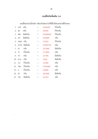 40
แบบฝกหัดเพิ่มเติม 2.4
จงเปลี่ยนหนวยน้ําหนัก เติมลงในชองวางใหเปนไปตามหนวยที่กําหนด
1. 4.56 กรัม = [0.00456] กิโลกรัม
2. 48 กรัม = [0.048] กิโลกรัม
3. 948 มิลลิกรัม = [0.000948] กิโลกรัม
4. 4.9 มิลลิกรัม = [0.0049] กรัม
5. 5,862 กรัม = [5.862] กิโลกรัม
6. 8.754 มิลลิกรัม = [0.008754] กรัม
7. 67 กรัม = [67,000] มิลลิกรัม
8. 73 กิโลกรัม = [73,000] กรัม
9. 9.7 กรัม = [9,700] มิลลิกรัม
10. 0.14 กรัม = [140] มิลลิกรัม
11. 3.4 กิโลกรัม = [3,400] กรัม
12. 740 กิโลกรัม = [740,000] กรัม
13. 8 กิโลกรัม = [8,000] กรัม
14. 62 กรัม = [62,000] มิลลิกรัม
15. 752 มิลลิกรัม = [0.752] กรัม
.
 