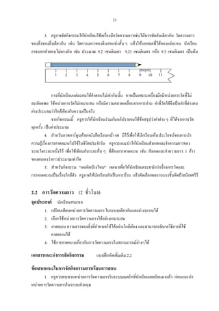 21
3. ครูอาจจัดกิจกรรมใหนักเรียนใชเครื่องมือวัดความยาวเชนไมบรรทัดอันเดียวกัน วัดความยาว
ของสิ่งของสิ่งเดียวกัน เชน วัดความยาวของดินสอแทงสั้น ๆ แลวใหบอกผลที่ไดของแตละคน นักเรียน
อาจบอกคําตอบไมตรงกัน เชน ประมาณ 9.2 เซนติเมตร 9.25 เซนติเมตร หรือ 9.3 เซนติเมตร เปนตน
การที่นักเรียนแตละคนไดคําตอบไมเทากันนั้น อาจเปนเพราะเครื่องมือมีหนวยการวัดที่ไม
ละเอียดพอ ใชหนวยการวัดไมเหมาะสม หรือมีความคลาดเคลื่อนจากการอาน คาที่วัดไดจึงเปนคาที่ตางคน
ตางประมาณวาใกลเคียงกับความเปนจริง
จากกิจกรรมนี้ ครูควรใหนักเรียนรวมกันอภิปรายจนไดขอสรุปวาคาตาง ๆ ที่ไดจากการวัด
ทุกครั้ง เปนคาประมาณ
4. สําหรับภาพการตูนทายหนังสือเรียนหนา 60 มีไวเพื่อใหนักเรียนเห็นประโยชนของการนํา
ความรูเรื่องการคาดคะเนไปใชในชีวิตประจําวัน ครูควรแนะนําใหนักเรียนสังเกตและจําความยาวของ
ระยะใดระยะหนึ่งไว เพื่อใชเทียบกับระยะอื่น ๆ ที่ตองการคาดคะเน เชน สังเกตและจําความยาว 1 กาว
ของตนเองวายาวประมาณเทาใด
5. สําหรับกิจกรรม “เคยคิดบางไหม” เจตนาเพื่อใหนักเรียนตระหนักวาเรื่องการวัดและ
การคาดคะเนเปนเรื่องใกลตัว ครูอาจใหนักเรียนทําเปนการบาน แลวคัดเลือกผลงานบางชิ้นติดปายนิเทศไว
2.2 การวัดความยาว (2 ชั่วโมง)
จุดประสงค นักเรียนสามารถ
1. เปรียบเทียบหนวยการวัดความยาว ในระบบเดียวกันและตางระบบได
2. เลือกใชหนวยการวัดความยาวไดอยางเหมาะสม
3. คาดคะเน ความยาวของสิ่งที่กําหนดใหไดอยางใกลเคียง และสามารถอธิบายวิธีการที่ใช
คาดคะเนได
4. ใชการคาดคะเนเกี่ยวกับการวัดความยาวในสถานการณตางๆได
เอกสารแนะนําการจัดกิจกรรม แบบฝกหัดเพิ่มเติม 2.2
ขอเสนอแนะในการจัดกิจกรรมการเรียนการสอน
1. ครูควรทบทวนหนวยการวัดความยาวในระบบเมตริกที่นักเรียนเคยเรียนมาแลว กอนแนะนํา
หนวยการวัดความยาวในระบบอังกฤษ
2 3 4 5 6 7 8 9 10 111
 