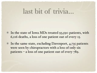 last bit of trivia...

In the state of Iowa MDs treated 93,590 patients, with
6,116 deaths, a loss of one patient out of every 15.
In the same state, excluding Davenport, 4,735 patients
were seen by chiropractors with a loss of only six
patients – a loss of one patient out of every 789.
 