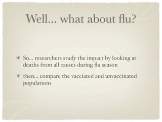 Well... what about ﬂu?


So... researchers study the impact by looking at
deaths from all causes during ﬂu season
then... compare the vacciated and unvaccinated
populations
 