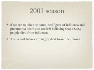 2001 season
if we are to take the combined ﬁgure of inﬂuenza and
pneumonia deaths,we are left believing that 62,034
people died from inﬂuenza.
The actual ﬁgures are 61,777 died from pneumonia
 