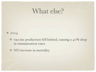 What else?

2004
 vaccine production fell behind, causing a 40% drop
 in immunization rates
 NO increase in mortality
 