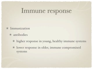 Immune response

Immunization
 antibodies
   higher response in young, healthy immune systems
   lower response in older, immune compromised
   systems
 