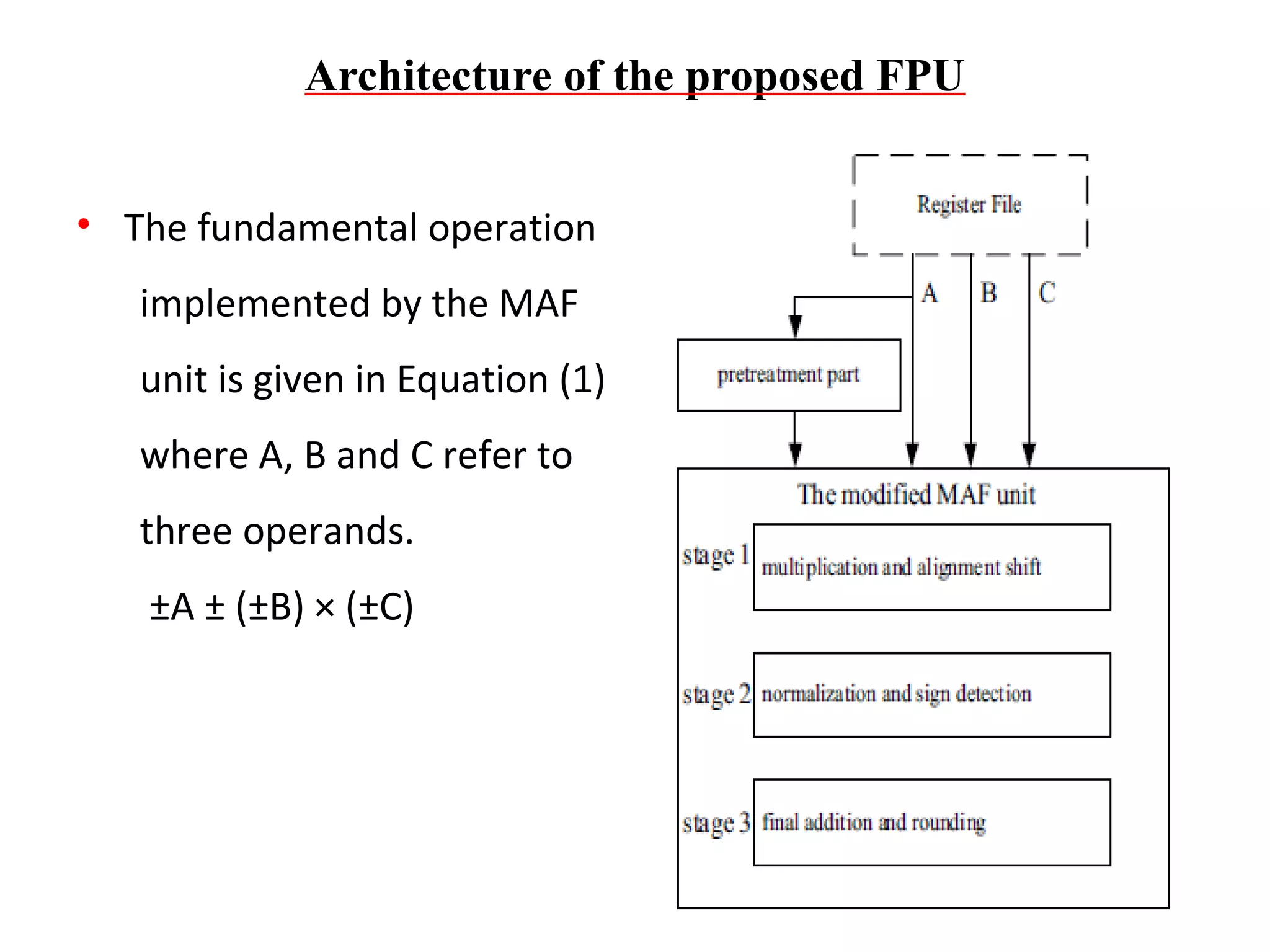 Architecture of the proposed FPU
• The fundamental operation
implemented by the MAF
unit is given in Equation (1),
where A, B and C refer to
three operands.
±A ± (±B) × (±C)

 