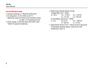 87V Ex
Users Manual
6
Ex-Certification Data
• EC-type certificate no.: ZELM 05 ATEX 0274
• Ex-designation: ( II 2 G EEx ia IIC T4
Measuring range: 65 V Max in Ex-hazardous areas.
5 A Max. in Ex-hazardous areas
• Power supply: 9 Volt block type, IEC 6LR61 (See
Table 8 for approved batteries.)
• Measuring protected electric circuits:
Voltage-Mass (V/Ω - COM):
Ui = 65 V Uo = 10.35 V Co = 2.52 µF
Io = 4.0 mA. Lo= 100 mH
Current-Mass (µA/mA & A - COM):
li = 5 A Uo=2.8 V Co = 1000 µF
Io = 68 mA Lo = 8 mH.
• Approved for Zones 2 and 1, device group II, gas group
C potentially explosive gases, vapours and mist,
temperature class T4.
 