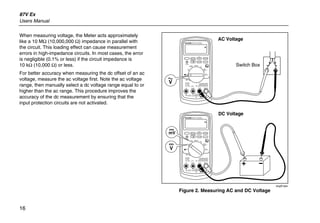 87V Ex
Users Manual
16
When measuring voltage, the Meter acts approximately
like a 10 MΩ (10,000,000 Ω) impedance in parallel with
the circuit. This loading effect can cause measurement
errors in high-impedance circuits. In most cases, the error
is negligible (0.1% or less) if the circuit impedance is
10 kΩ (10,000 Ω) or less.
For better accuracy when measuring the dc offset of an ac
voltage, measure the ac voltage first. Note the ac voltage
range, then manually select a dc voltage range equal to or
higher than the ac range. This procedure improves the
accuracy of the dc measurement by ensuring that the
input protection circuits are not activated.
PEAK MIN MAX
Hi Res
1 Second
OFF
mA
A
mV
V
V A
A mA COM VA
400mA
FUSED10A MAX
FUSED
Ex-Area:
Ui = 65 V
Ii = 5 A
Ta = -20 C...+50 C
ZELM 05 ATEX 0274
Geräterückseite beachten!
Observe reverse side of unit!
1000V
CAT
CAT 600V
MIN MAX RANGE
REL Hz %
AutoHOLD
˚C/˚F
PEAK MIN MAX
Hi Res
1 Second
OFF
mA
A
mV
V
V A
A mA COM VA
400mA
FUSED10A MAX
FUSED
Ex-Area:
Ui = 65 V
Ii = 5 A
Ta = -20 C...+50 C
ZELM 05 ATEX 0274
Geräterückseite beachten!
Observe reverse side of unit!
1000V
CAT
CAT 600V
MIN MAX RANGE
REL Hz %
AutoHOLD
˚C/˚F
Switch Box
V
+
AC Voltage
DC Voltage
V
mV
ecg2f.eps
Figure 2. Measuring AC and DC Voltage
 