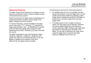 True-rms Multimeter
Making Measurements
29
Measuring Frequency
The Meter measures the frequency of a voltage or current
signal by counting the number of times the signal crosses
a threshold level each second.
Table 6 summarizes the trigger levels and applications for
measuring frequency using the various ranges of the
Meter's voltage and current functions.
To measure frequency, connect the Meter to the signal
source; then press G. Pressing Eswitches the
trigger slope between + and -, as indicated by the symbol
at the left side of the display (refer to Figure 9 under
"Measuring Duty Cycle"). Pressing Dstops and starts
the counter.
The Meter autoranges to one of five frequency ranges:
199.99 Hz, 1999.9 Hz, 19.999 kHz, 199.99 kHz, and
greater than 200 kHz. For frequencies below 10 Hz, the
display is updated at the frequency of the input.
Below 0.5 Hz, the display may be unstable.
The following are some tips for measuring frequency:
• If a reading shows as 0 Hz or is unstable, the input
signal may be below or near the trigger level. You can
usually correct these problems by selecting a lower
range, which increases the sensitivity of the Meter. In
the L function, the lower ranges also have lower
trigger levels.
• If a reading seems to be a multiple of what you
expect, the input signal may be distorted. Distortion
can cause multiple triggerings of the frequency
counter. Selecting a higher voltage range might solve
this problem by decreasing the sensitivity of the
Meter. You can also try selecting a dc range, which
raises the trigger level. In general, the lowest
frequency displayed is the correct one.
 