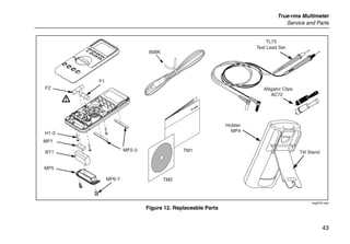 True-rms Multimeter
Service and Parts
43
Holster
MP4
Alligator Clips
TM2
TL75
Test Lead Set
Tilt Stand
F2
TM1
80BK
AC72
BT1
MP5
H1-3
MP2-3
MP1
F1
MP6-7
ecg015c.eps
Figure 12. Replaceable Parts
 