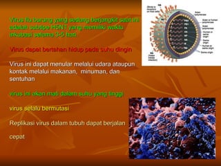 Virus flu burung yang sedang berjangkit saat ini
adalah subtipe H5N1 yang memiliki waktu
inkubasi selama 3-5 hari.

Virus dapat bertahan hidup pada suhu dingin

Virus ini dapat menular melalui udara ataupun
kontak melalui makanan, minuman, dan
sentuhan

virus ini akan mati dalam suhu yang tinggi

virus selalu bermutasi

Replikasi virus dalam tubuh dapat berjalan

cepat
 