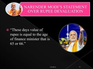 NARENDER MODI’S STATEMENT
OVER RUPEE DEVALUATION



“These days value of
rupee is equal to the age
of finance minister that is
65 or 66.”

1/27/2014

11

 