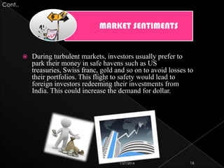 Cont..

MARKET SENTIMENTS



During turbulent markets, investors usually prefer to
park their money in safe havens such as US
treasuries, Swiss franc, gold and so on to avoid losses to
their portfolios. This flight to safety would lead to
foreign investors redeeming their investments from
India. This could increase the demand for dollar.

1/27/2014

16

 