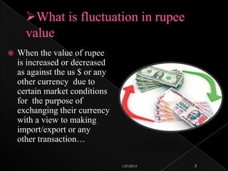 

When the value of rupee
is increased or decreased
as against the us $ or any
other currency due to
certain market conditions
for the purpose of
exchanging their currency
with a view to making
import/export or any
other transaction…
1/27/2014

3

 