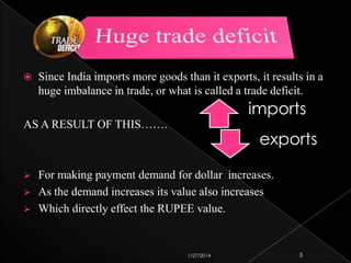 

Since India imports more goods than it exports, it results in a
huge imbalance in trade, or what is called a trade deficit.

imports

AS A RESULT OF THIS…….





exports

For making payment demand for dollar increases.
As the demand increases its value also increases
Which directly effect the RUPEE value.

1/27/2014

5

 