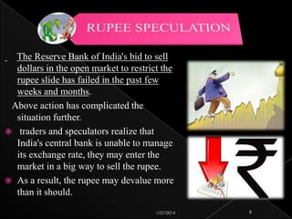 The Reserve Bank of India's bid to sell
dollars in the open market to restrict the
rupee slide has failed in the past few
weeks and months.
Above action has complicated the
situation further.
 traders and speculators realize that
India's central bank is unable to manage
its exchange rate, they may enter the
market in a big way to sell the rupee.
 As a result, the rupee may devalue more
than it should.
1/27/2014

9

 