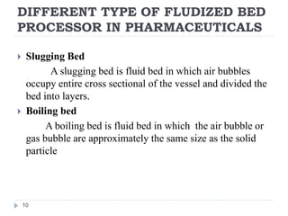 DIFFERENT TYPE OF FLUDIZED BED
PROCESSOR IN PHARMACEUTICALS
 Slugging Bed
A slugging bed is fluid bed in which air bubbles
occupy entire cross sectional of the vessel and divided the
bed into layers.
 Boiling bed
A boiling bed is fluid bed in which the air bubble or
gas bubble are approximately the same size as the solid
particle
10
 