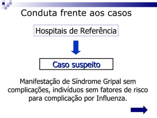 Caso suspeito Conduta frente aos casos Hospitais de Referência Manifestação de Síndrome Gripal sem complicações, indivíduos sem fatores de risco para complicação por Influenza. 