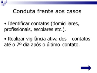 Identificar contatos (domiciliares,  profissionais, escolares etc.). Realizar vigilância ativa dos  contatos até o 7º dia após o último  contato. Conduta frente aos casos 