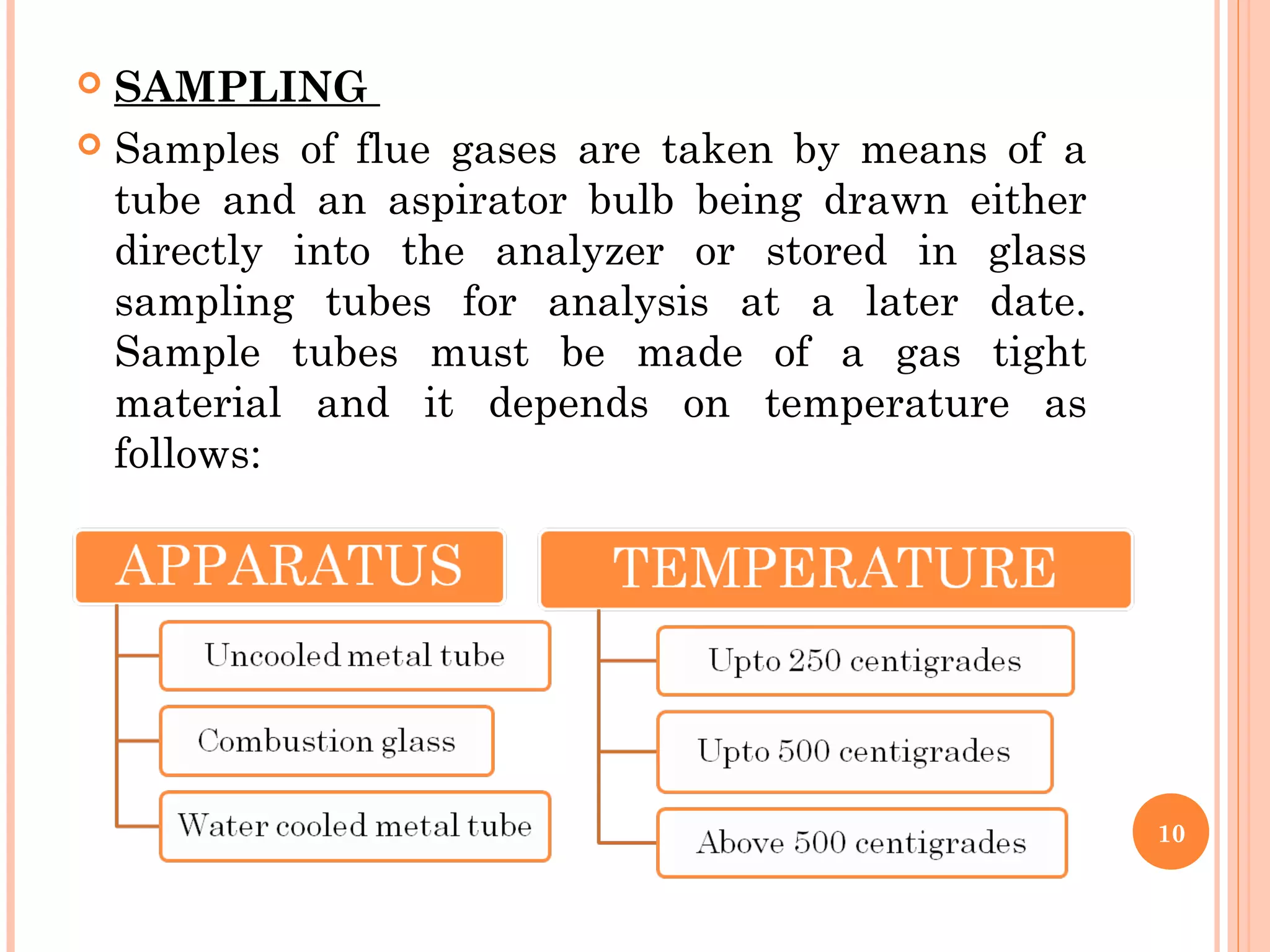  SAMPLING
 Samples of flue gases are taken by means of a
tube and an aspirator bulb being drawn either
directly into the analyzer or stored in glass
sampling tubes for analysis at a later date.
Sample tubes must be made of a gas tight
material and it depends on temperature as
follows:
10
 