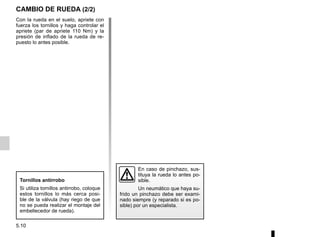 5.10
CAMBIO DE RUEDA (2/2)
En caso de pinchazo, sus-
tituya la rueda lo antes po-
sible.
Un neumático que haya su-
frido un pinchazo debe ser exami-
nado siempre (y reparado si es po-
sible) por un especialista.
Tornillos antirrobo
Si utiliza tornillos antirrobo, coloque
estos tornillos lo más cerca posi-
ble de la válvula (hay riego de que
no se pueda realizar el montaje del
embellecedor de rueda).
Con la rueda en el suelo, apriete con
fuerza los tornillos y haga controlar el
apriete (par de apriete 110 Nm) y la
presión de inflado de la rueda de re-
puesto lo antes posible.
 