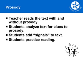 Teacher reads the text with and without prosody. Students analyze text for clues to prosody. Students add “signals” to text. Students practice reading. Prosody 