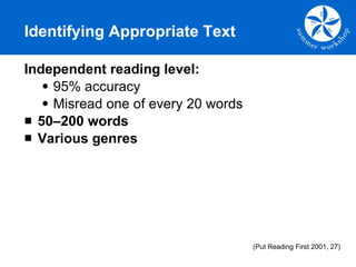 Identifying Appropriate Text Independent reading level: 95% accuracy Misread one of every 20 words 50–200 words Various genres (Put Reading First 2001, 27) 