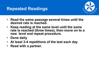 Read the same passage several times until the desired rate is reached.  Keep reading at the same level until the same rate is reached (three times), then move on to a new  level and repeat procedure.  Done daily At least 3-4 repetitions of the text each day  Read with a partner. Repeated Readings 