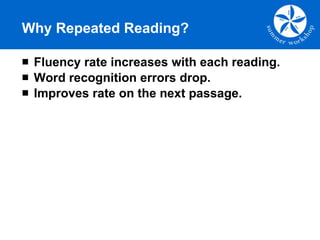 Why Repeated Reading? Fluency rate increases with each reading. Word recognition errors drop. Improves rate on the next passage. 