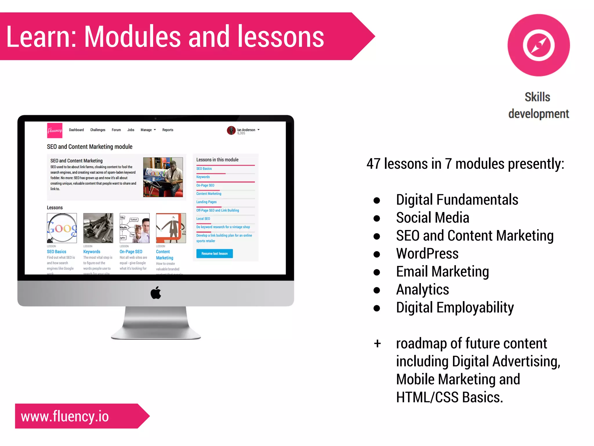 Learn: Modules and lessons 
47 lessons in 7 modules presently: 
● Digital Fundamentals 
● Social Media 
● SEO and Content Marketing 
● WordPress 
● Email Marketing 
● Analytics 
● Digital Employability 
+ roadmap of future content 
including Digital Advertising, 
Mobile Marketing and 
HTML/CSS Basics. 
www.fluency.io 
 