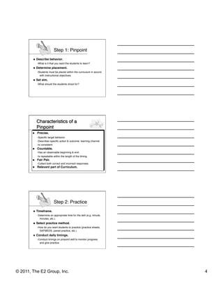 Step 1: Pinpoint!
        !    Describe behavior.!
             -What is it that you want the students to learn?!
        !    Determine placement.!
             -Students must be placed within the curriculum in accord
               with instructional objectives.!
        !    Set aim.!
             -What should the students shoot for?!




             Characteristics of a
             Pinpoint!
        !     Precise.!
             !-Speciﬁc target behavior.!
             !-Describes speciﬁc action & outcome: learning channel!
             !-Is consistent.!
        !     Countable.!
             !-Has an observable beginning & end.!
             !-Is repeatable within the length of the timing.!
        !     Fair Pair.!
             !-Collect both correct and incorrect responses.!
        !     Relevant part of Curriculum.!




                             Step 2: Practice!
        !    Timeframe.!
             -Determine an appropriate time for the skill (e.g. minute,
               minutes, etc.).!
        !    Select practice method.!
             -How do you want students to practice (practice sheets,
               SAFMEDS, paired practice, etc.)!
        !    Conduct daily timings.!
             -Conduct timings on pinpoint skill to monitor progress
               and give practice.!




© 2011, The E2 Group, Inc.                                                4
 