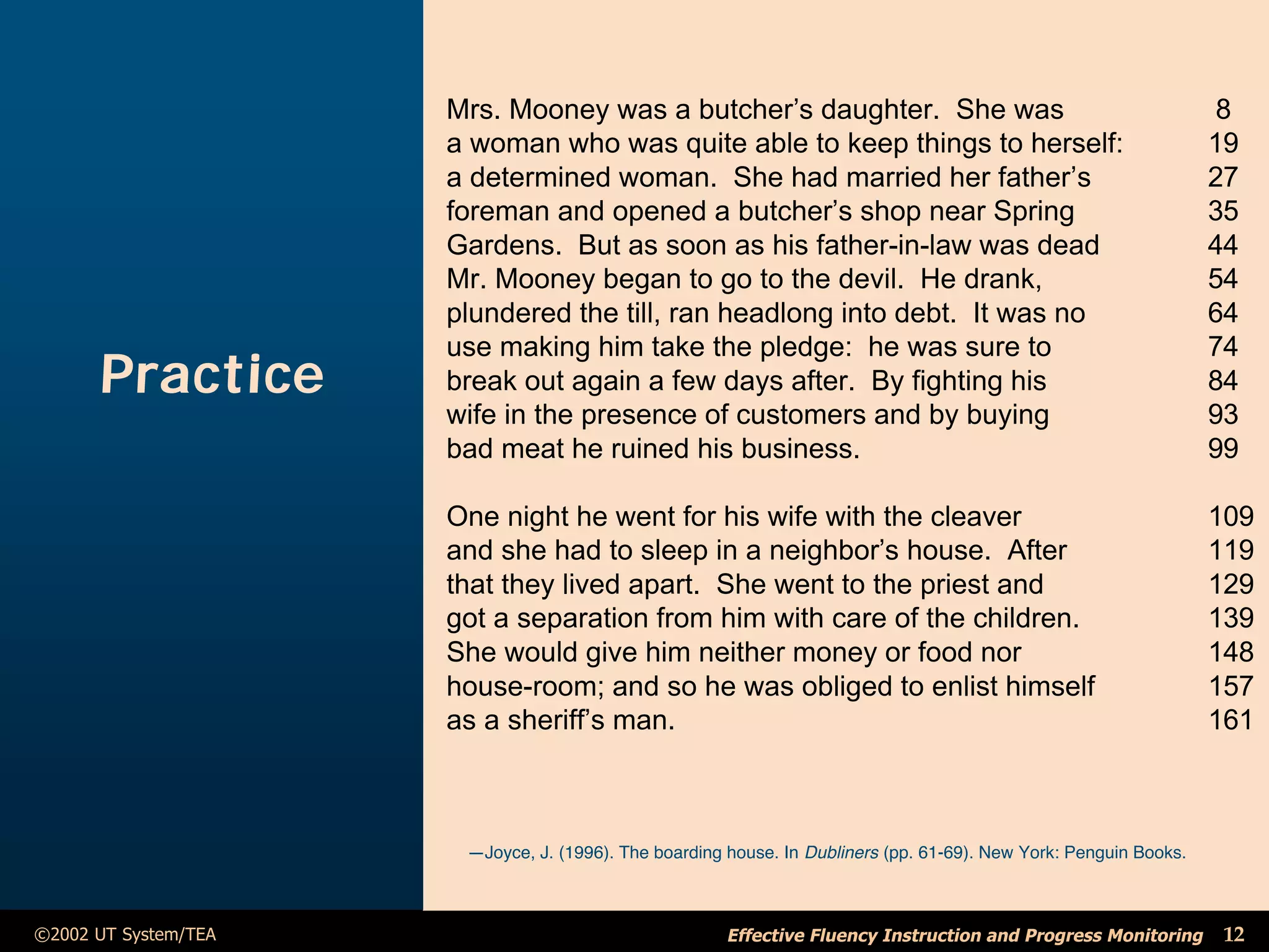 Mrs. Mooney was a butcher’s daughter. She was                                                 8
                      a woman who was quite able to keep things to herself:                                        19
                      a determined woman. She had married her father’s                                             27
                      foreman and opened a butcher’s shop near Spring                                              35
                      Gardens. But as soon as his father-in-law was dead                                           44
                      Mr. Mooney began to go to the devil. He drank,                                               54
                      plundered the till, ran headlong into debt. It was no                                        64
                      use making him take the pledge: he was sure to                                               74
      Practice        break out again a few days after. By fighting his                                            84
                      wife in the presence of customers and by buying                                              93
                      bad meat he ruined his business.                                                             99

                      One night he went for his wife with the cleaver                                              109
                      and she had to sleep in a neighbor’s house. After                                            119
                      that they lived apart. She went to the priest and                                            129
                      got a separation from him with care of the children.                                         139
                      She would give him neither money or food nor                                                 148
                      house-room; and so he was obliged to enlist himself                                          157
                      as a sheriff’s man.                                                                          161



                       —Joyce, J. (1996). The boarding house. In Dubliners (pp. 61-69). New York: Penguin Books.



©2002 UT System/TEA                                    Effective Fluency Instruction and Progress Monitoring        12
 