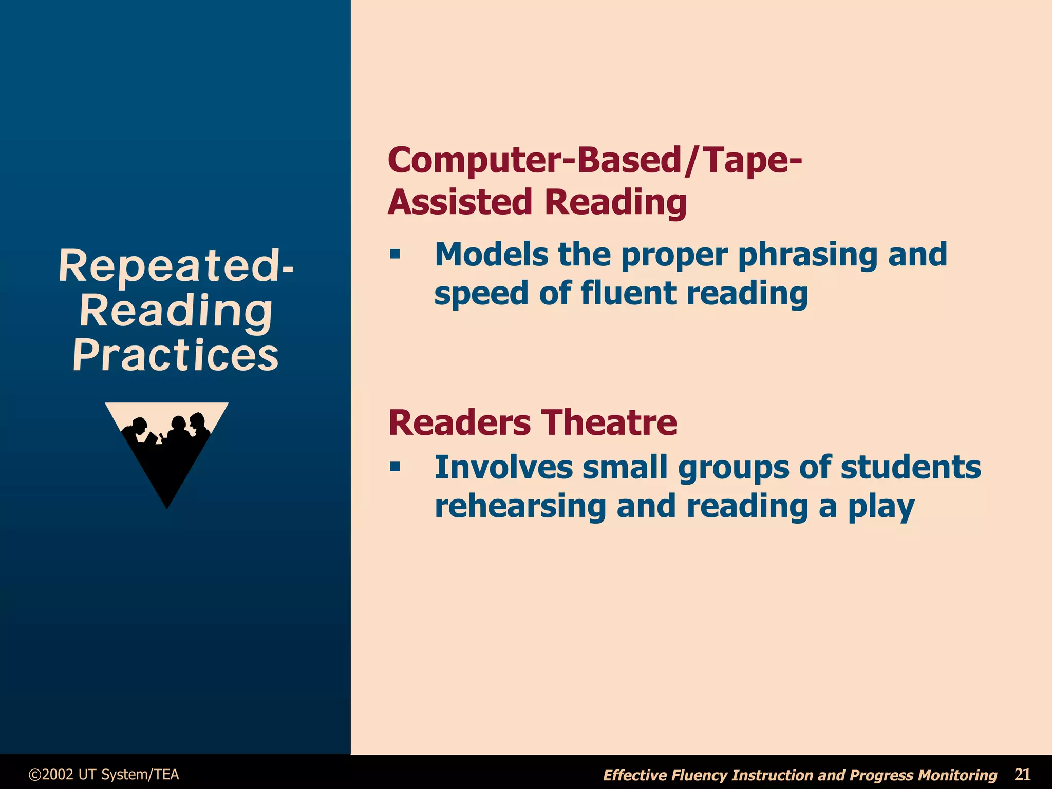 Computer-Based/Tape-
                      Assisted Reading
   Repeated-          ß Models the proper phrasing and
                        speed of fluent reading
    Reading
   Practices
                      Readers Theatre
                      ß Involves small groups of students
                        rehearsing and reading a play




©2002 UT System/TEA               Effective Fluency Instruction and Progress Monitoring   21
 