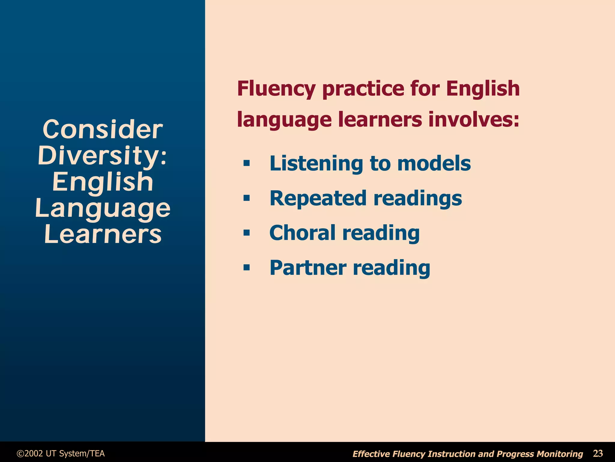 Fluency practice for English
                      language learners involves:
    Consider
   Diversity:         ß Listening to models
     English
                      ß Repeated readings
   Language
    Learners          ß Choral reading
                      ß Partner reading




©2002 UT System/TEA              Effective Fluency Instruction and Progress Monitoring   23
 