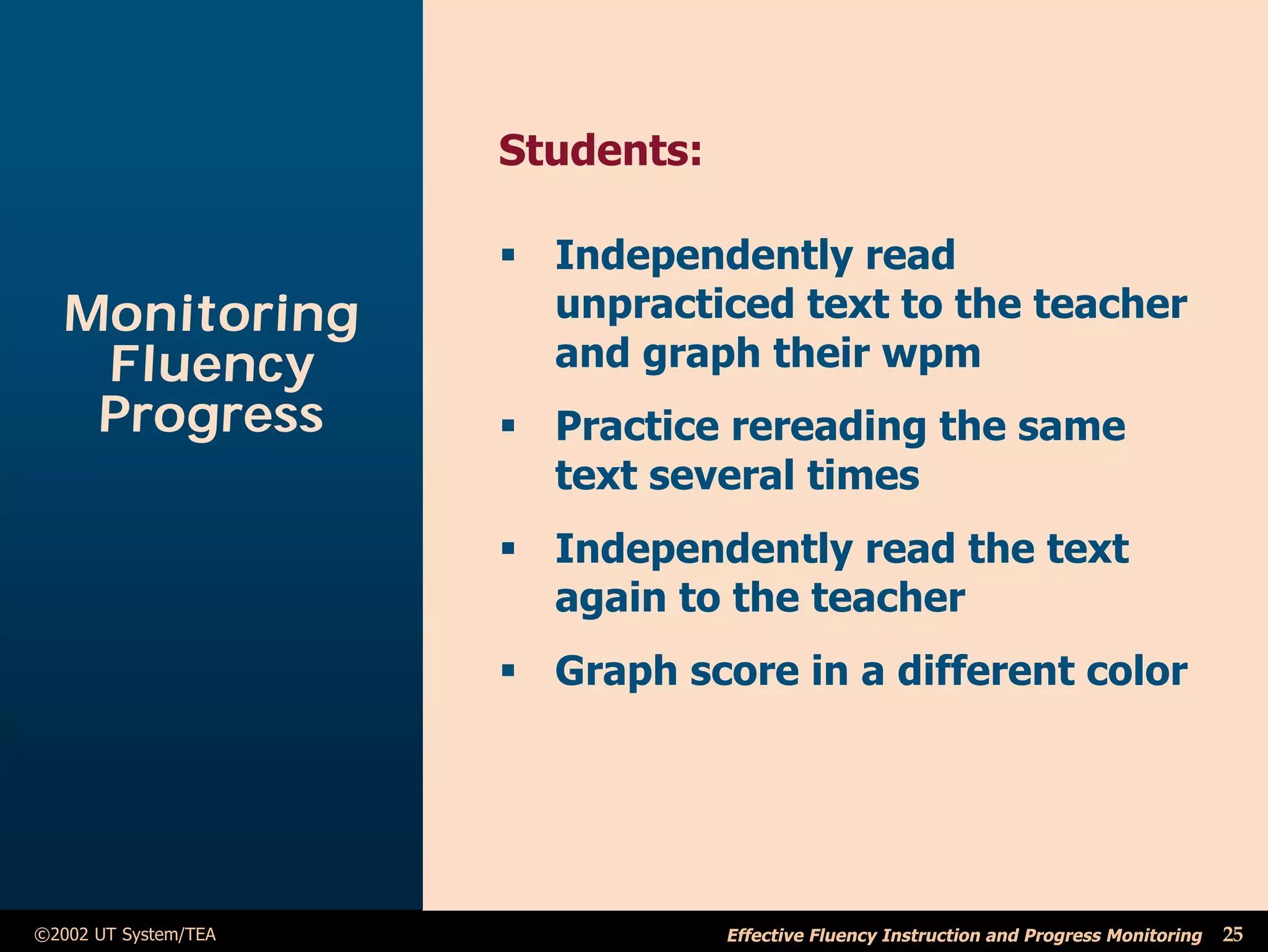 Students:

                      ß Independently read
   Monitoring           unpracticed text to the teacher
    Fluency             and graph their wpm
    Progress          ß Practice rereading the same
                        text several times
                      ß Independently read the text
                        again to the teacher
                      ß Graph score in a different color




©2002 UT System/TEA               Effective Fluency Instruction and Progress Monitoring   25
 