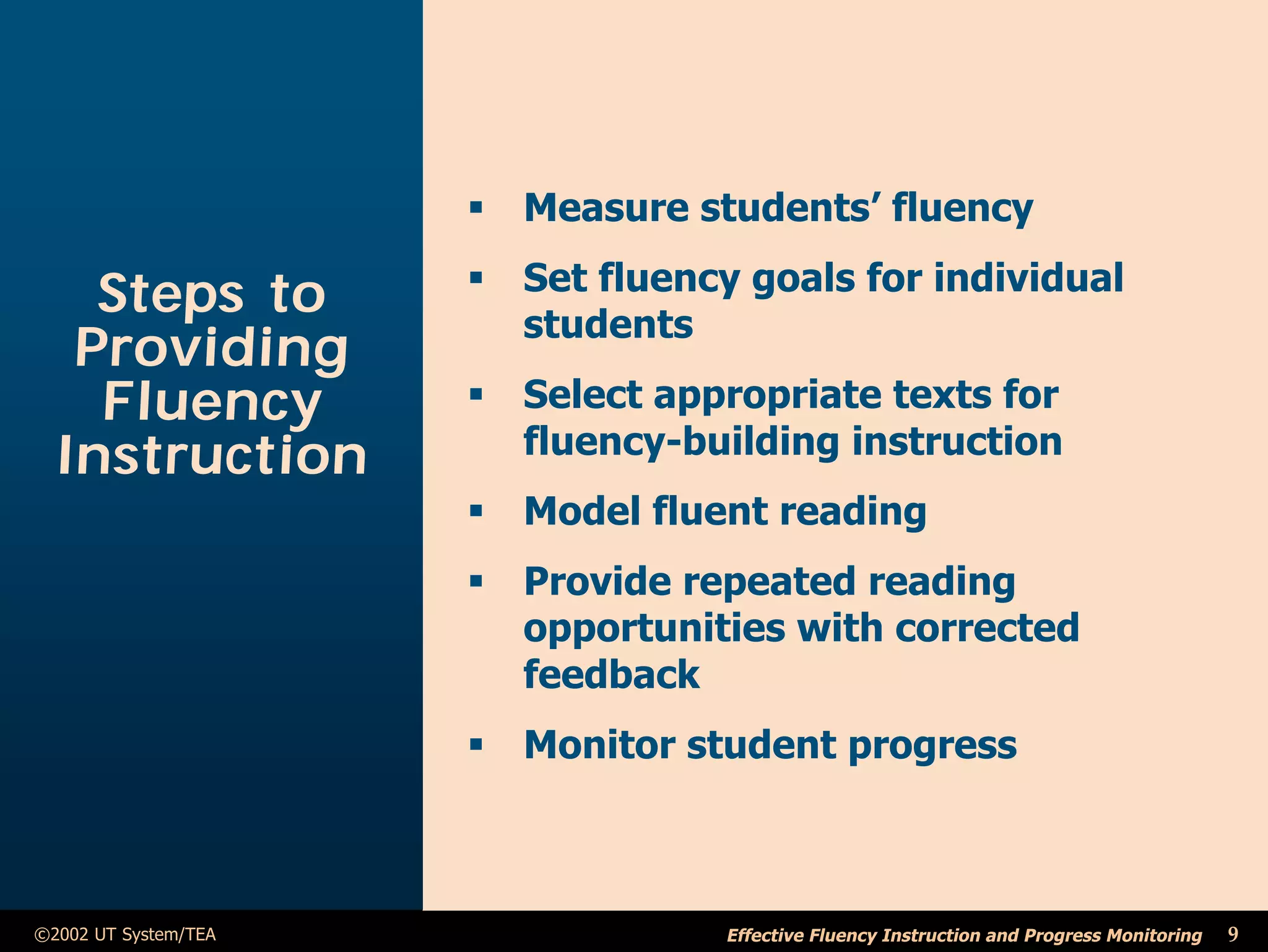 ß Measure students’ fluency
                      ß Set fluency goals for individual
    Steps to
                        students
   Providing
    Fluency           ß Select appropriate texts for
  Instruction           fluency-building instruction
                      ß Model fluent reading
                      ß Provide repeated reading
                        opportunities with corrected
                        feedback
                      ß Monitor student progress



©2002 UT System/TEA                Effective Fluency Instruction and Progress Monitoring   9
 