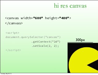 hi res canvas
<canvas width="600" height="400">
</canvas>
300px
<script>
document.querySelector("canvas")
.getContext("2d"...