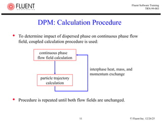 © Fluent Inc. 12/26/25
11
Fluent Software Training
TRN-99-003
 To determine impact of dispersed phase on continuous phase flow
field, coupled calculation procedure is used:
 Procedure is repeated until both flow fields are unchanged.
DPM: Calculation Procedure
continuous phase
flow field calculation
particle trajectory
calculation
interphase heat, mass, and
momentum exchange
 