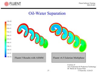 © Fluent Inc. 12/26/25
27
Fluent Software Training
TRN-99-003
Oil-Water Separation
Fluent 5 Results with ASMM Fluent v4.5 Eulerian Multiphase
Courtesy of
Arco Exploration & Production Technology
Dr. Martin de Tezanos Pinto
 