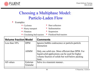 © Fluent Inc. 12/26/25
40
Fluent Software Training
TRN-99-003
Choosing a Multiphase Model:
Particle-Laden Flow
 Examples:
 Cyclones
 Slurry transport
 Flotation
 Circulating bed reactors
 Dust collectors
 Sedimentation
 Suspension
 Fluidized bed reactors
Volume fraction Model Comments
Less than 10% DPM
ASMM
Ignores bubble coalescence or particle-particle
interaction
Only one solid size. More efficient than DPM. For
liquid-solid applications can be used for higher
volume fraction of solids but well below packing
limit.
All values Eulerian
Granular
Solve in a transient manner..
 