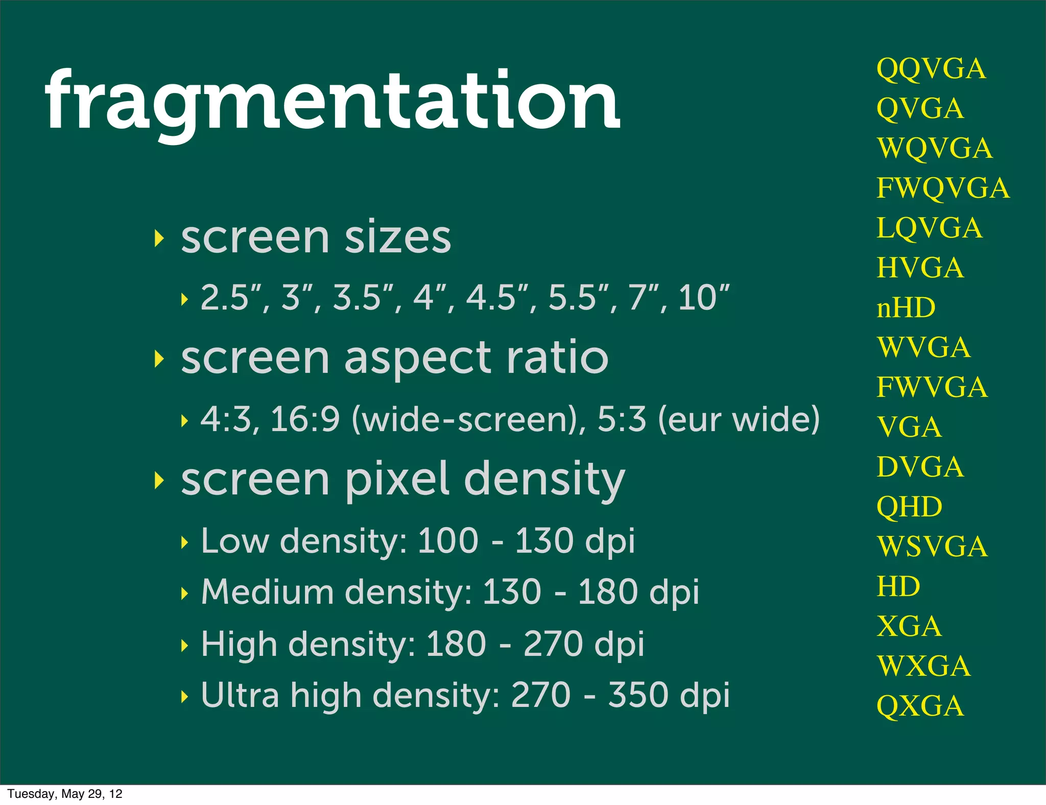 fragmentation
                                                                        QQVGA
                                                                        QVGA
                                                                        WQVGA
                                                                        FWQVGA
                      ‣   screen sizes                                  LQVGA
                                                                        HVGA
                          ‣   2.5”, 3”, 3.5”, 4”, 4.5”, 5.5”, 7”, 10”   nHD
                      ‣   screen aspect ratio                           WVGA
                                                                        FWVGA
                          ‣   4:3, 16:9 (wide-screen), 5:3 (eur wide)   VGA
                      ‣   screen pixel density                          DVGA
                                                                        QHD
                          ‣ Low density: 100 - 130 dpi                  WSVGA
                          ‣ Medium density: 130 - 180 dpi               HD
                                                                        XGA
                          ‣ High density: 180 - 270 dpi
                                                                        WXGA
                          ‣ Ultra high density: 270 - 350 dpi           QXGA

Tuesday, May 29, 12
 