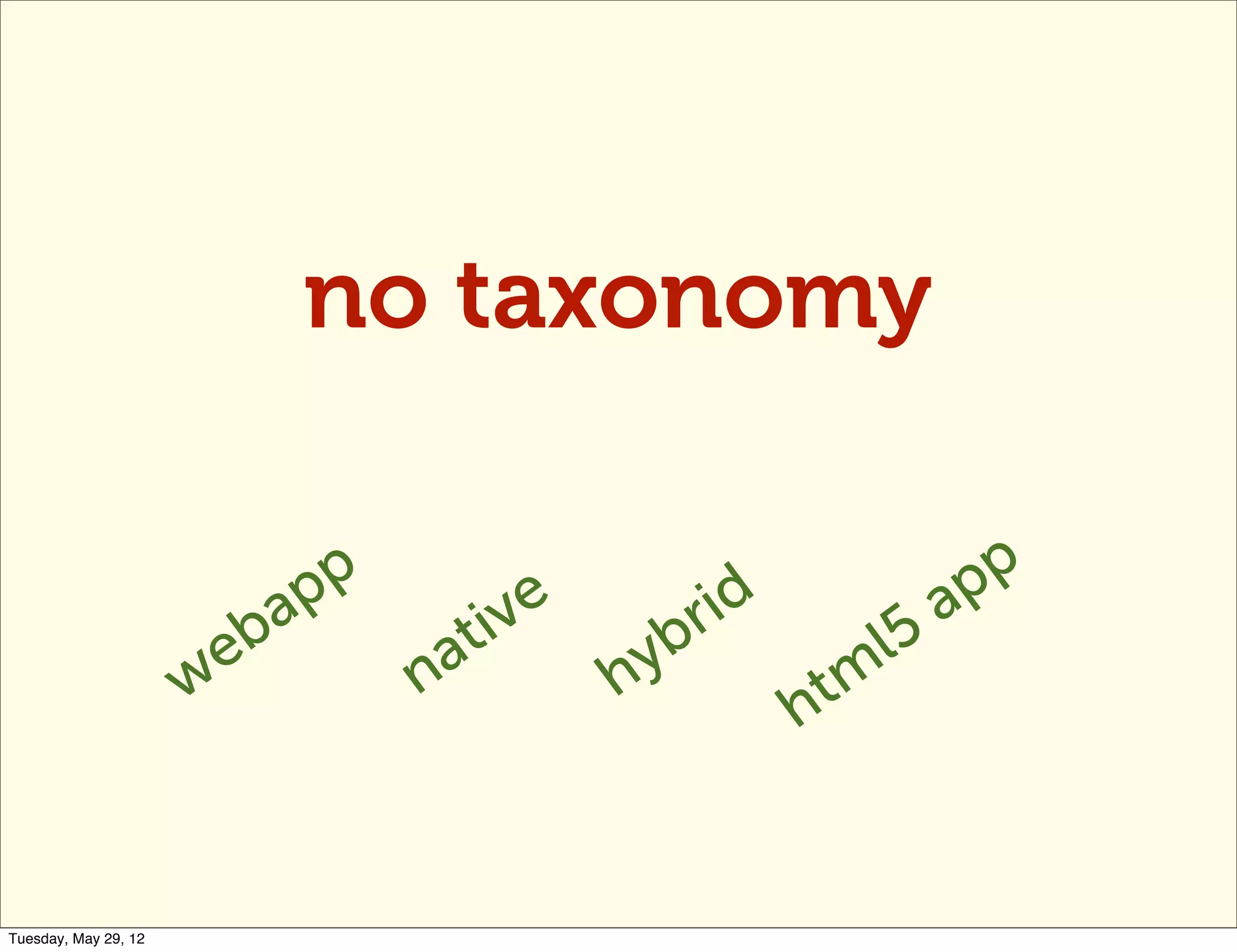 no taxonomy

                            p p                                   p p
                         b a          iv e       r id          5 a
                        e          a t        y b           l
                      w           n          h
                                                        h tm


Tuesday, May 29, 12
 