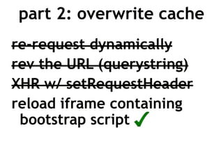 part 2: overwrite cache
re-request dynamically
rev the URL (querystring)
XHR w/ setRequestHeader
reload iframe containing
 bootstrap script
 