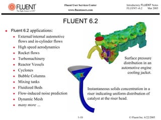 © Fluent Inc. 6/22/2005
1-10
Introductory FLUENT Notes
FLUENT v6.2 Mar 2005
Fluent User Services Center
www.fluentusers.com
FLUENT 6.2
‹ Fluent 6.2 applications:
z External/internal automotive
flows and in-cylinder flows
z High speed aerodynamics
z Rocket flows
z Turbomachinery
z Reactor Vessels
z Cyclones
z Bubble Columns
z Mixing tanks
z Fluidized Beds
z Flow-induced noise prediction
z Dynamic Mesh
z many more …
Surface pressure
distribution in an
automotive engine
cooling jacket.
Instantaneous solids concentration in a
riser indicating uniform distribution of
catalyst at the riser head.
 